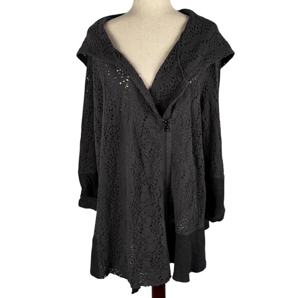 Free People Dark Gray Doiley-Knit Lace Oversized Hood Sweater Jacket Sz Small - Picture 2 of 13